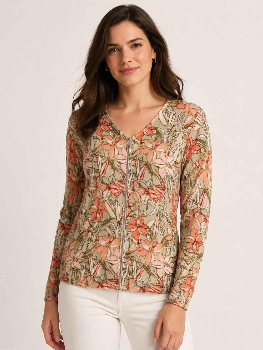 Context Lord & Taylor Floral Zip-Up Cardigan Sweater Size S/P Rayon Nylon Blend
